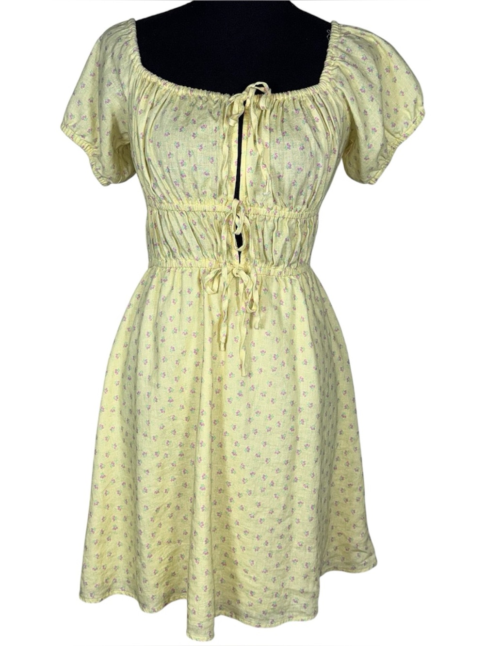 Butter Yellow Floral Puff Sleeve Linen Blend Mini Dress XS Feminine Cottagecore
